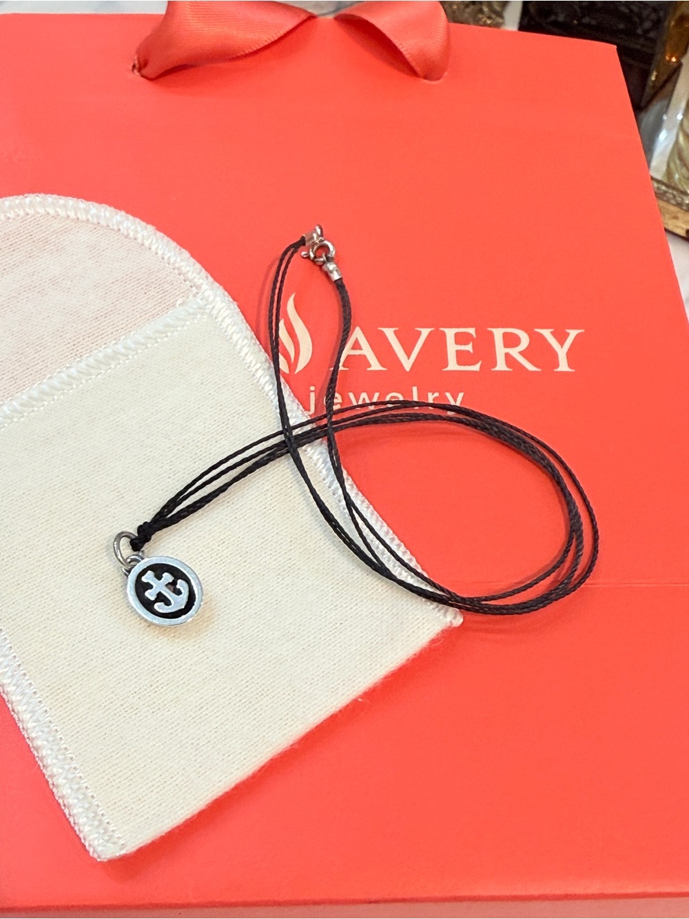 Retired James Avery Black Cord Necklace with Silver “Anchor of Hope Shadow Box”
